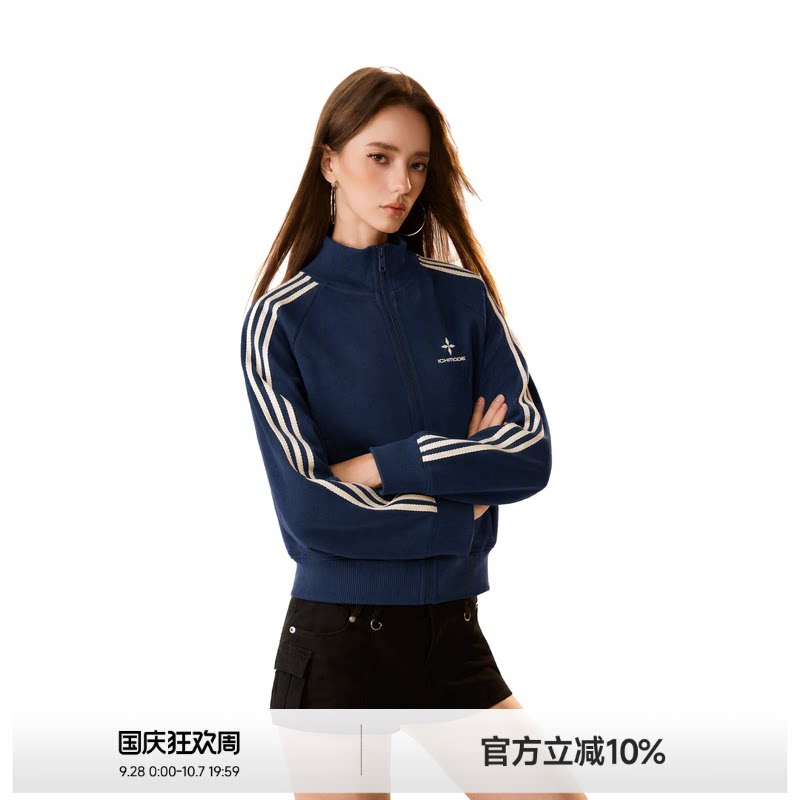 美式三条杠立领摇粒绒外套女图片