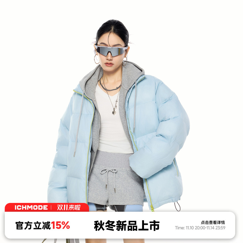 ICH MODE连帽假两件拼接廓形棉服外套美式复古休闲冬百搭棉衣外套