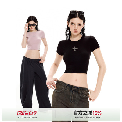 美式十字印花短款修身T恤女夏