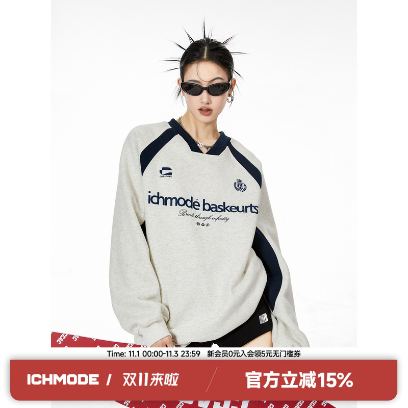 ICH MODE插肩袖V领灰色春季2025新款卫衣美式复古休闲百搭上衣女