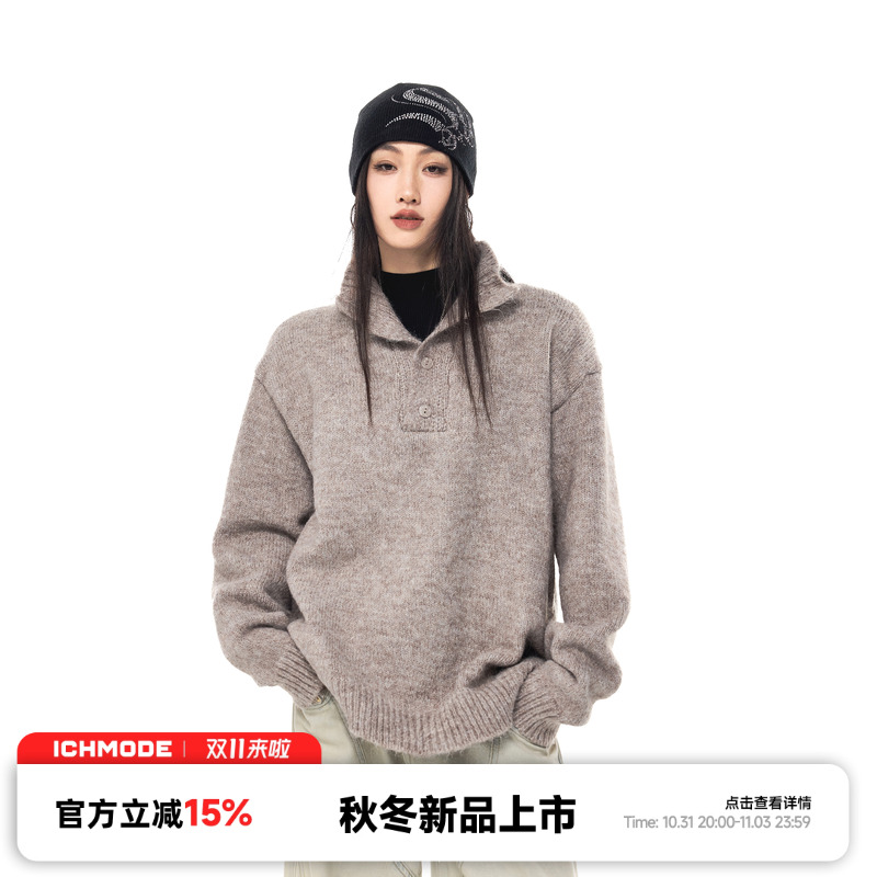 ICH MODE纯色Polo领慵懒风毛衣秋冬宽松休闲美式复古长袖针织上衣