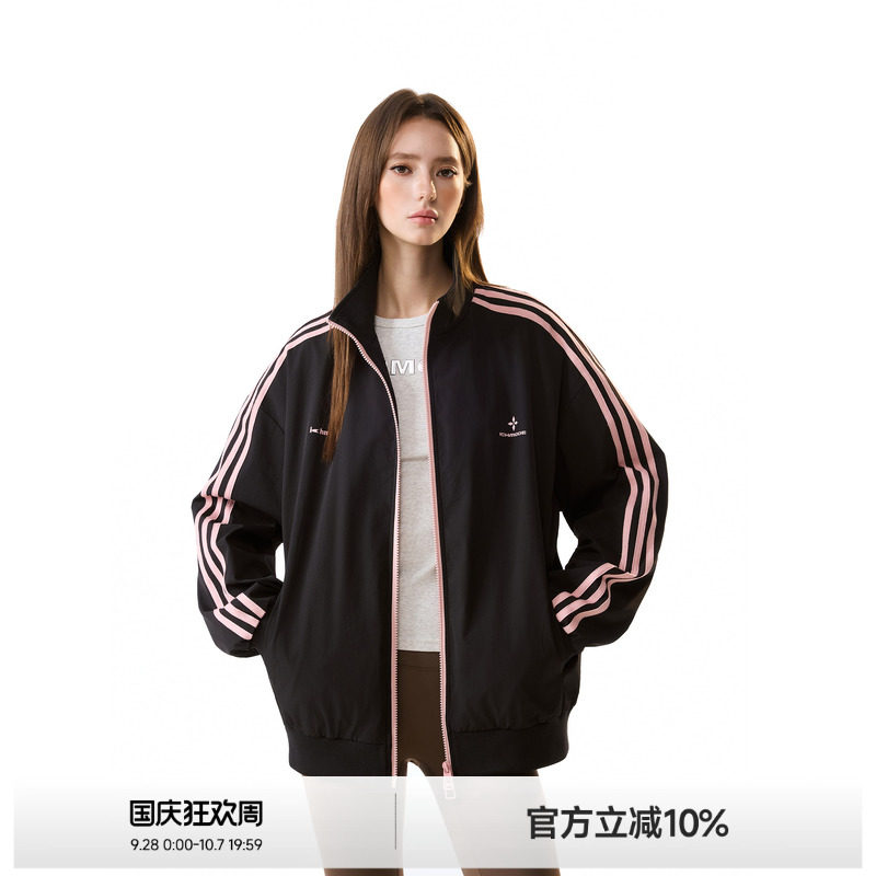 美式三条杠撞色立领外套女图片