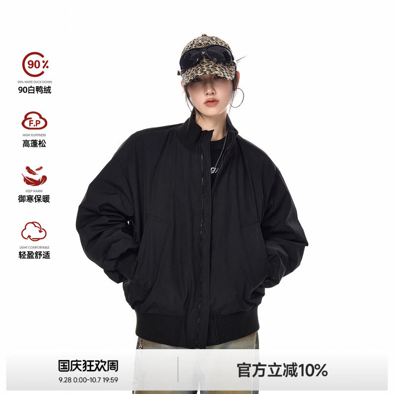 90白鸭绒美式立领黑色轻薄羽绒服图片
