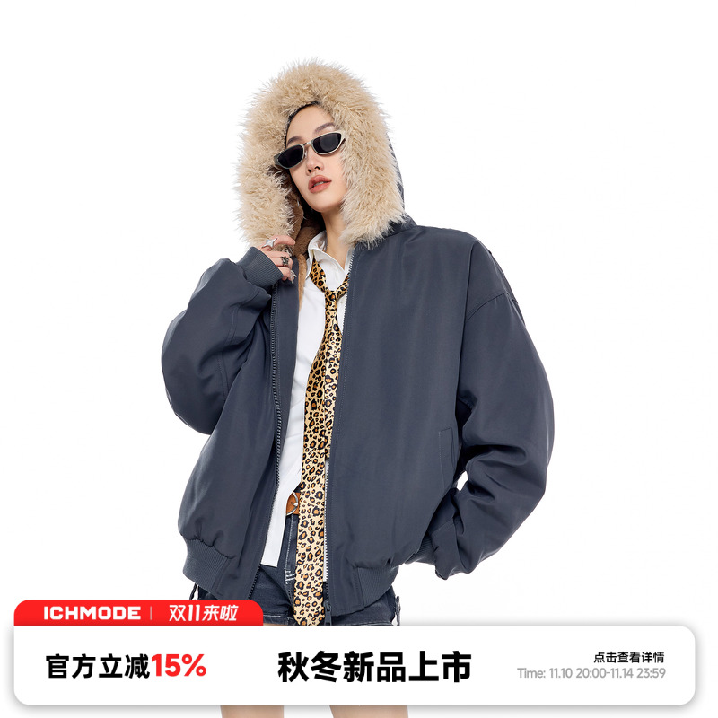 ICH MODE甜酷毛领美式复古棉服街头设计感休闲冬季保暖派克服外套