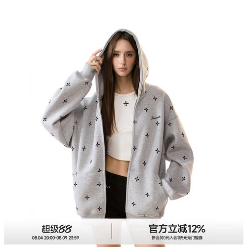 ICH MODE明星同款满印十字架长袖外套女春秋季薄款开衫卫衣上衣