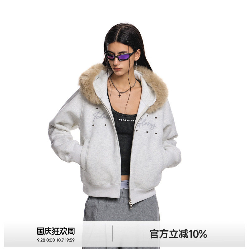 ICH MODE短款毛领钉珠美式复古外套高街质感秋冬百搭潮酷卫衣开衫图片