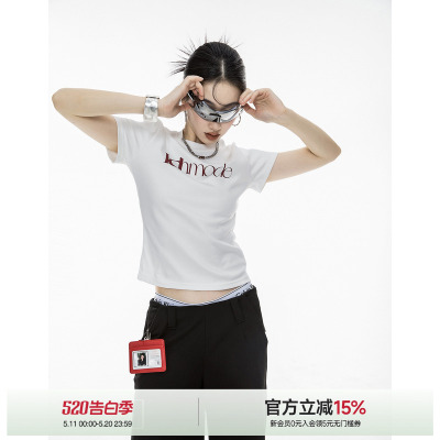 ICH MODE字母显瘦短袖上衣2026夏美式复古酷辣短款chic上衣T恤女
