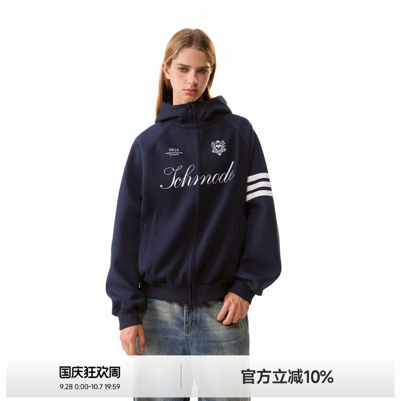 美式华夫格拼接袖连帽外套女图片