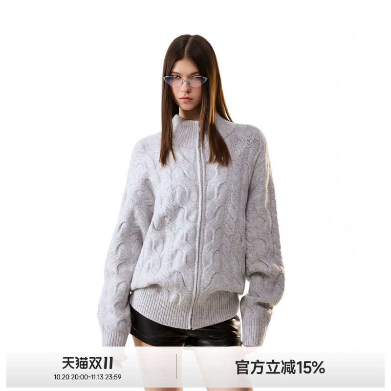 ICH MODE 美式立领绞花毛针织衫女冬季新款开衫毛衣慵懒休闲上衣