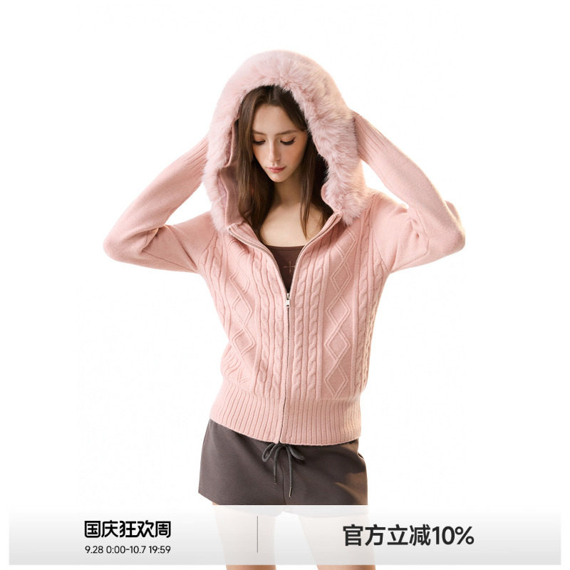 美式毛领绞花毛针织衫女图片
