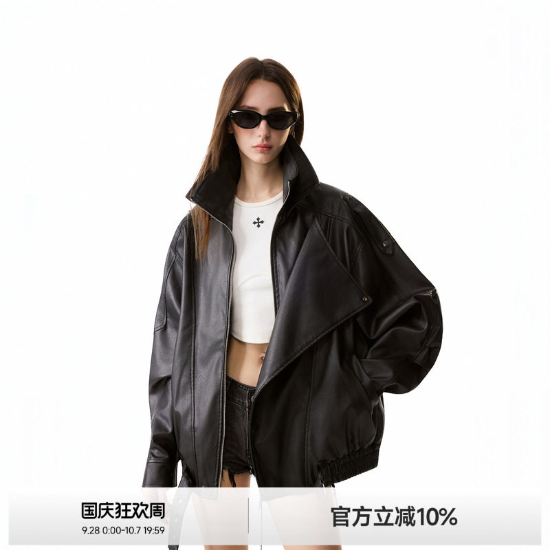 ICH MODE高级质感设计小众立领皮衣外套机车美式复古休闲夹克外套图片