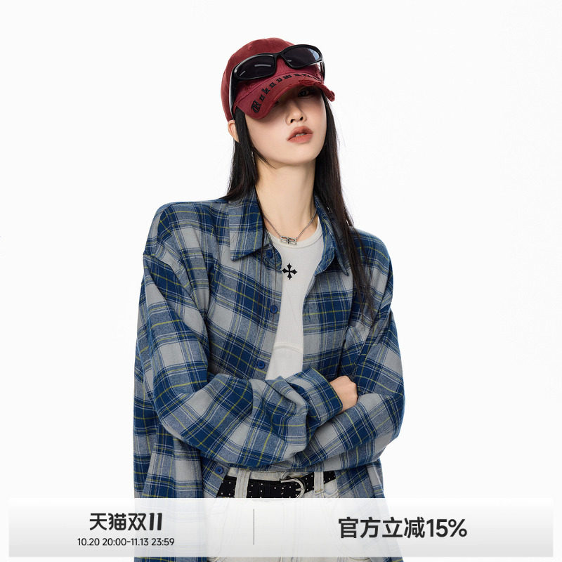 ICH MODE格子美式复古长袖外套女宽松慵懒风高街潮流秋季新款衬衫