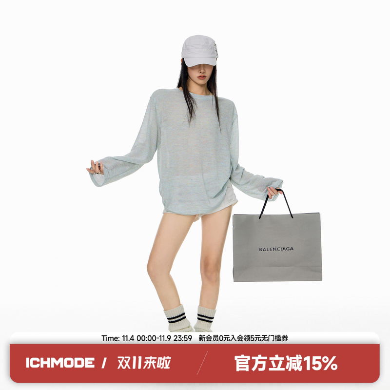 ICH MODE轻薄百搭美式复古甜酷上衣女圆领宽松慵懒风休闲长袖T恤