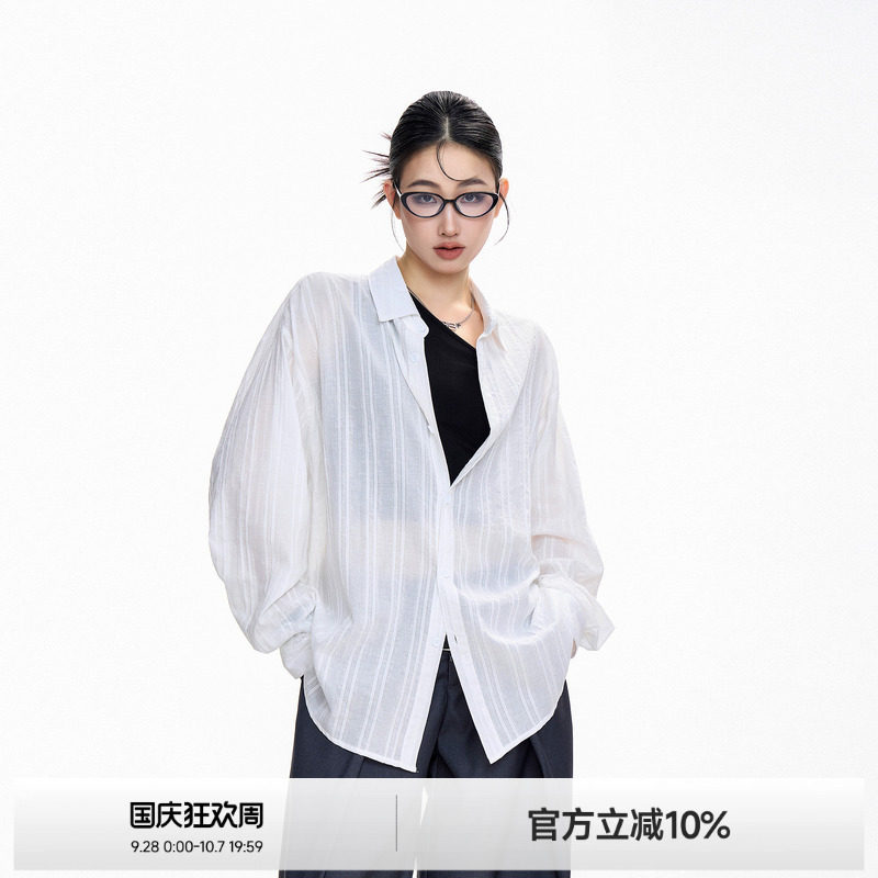 ICH MODE慵懒风休闲翻领美式百搭衬衫女轻薄复古秋夏甜酷外套上衣图片