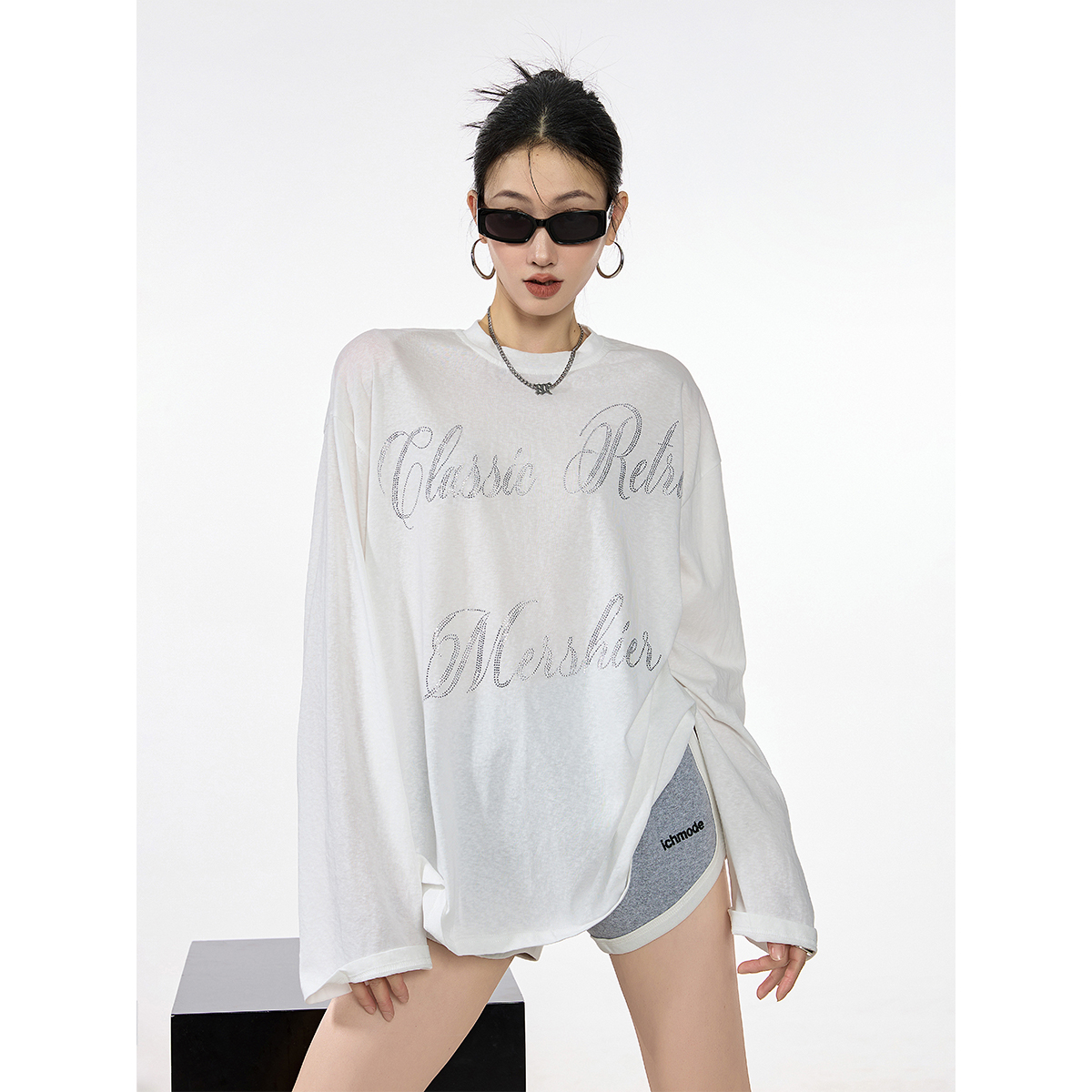 ICH MODE甜酷轻薄美式复古长袖上衣春夏新款圆领慵懒风薄款罩衫女