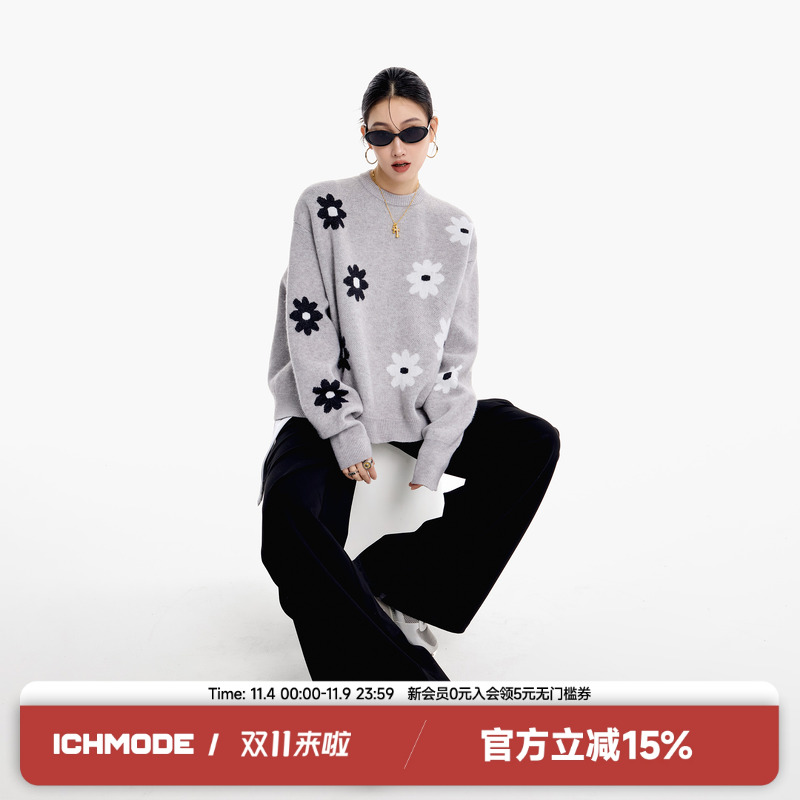 ICH MODE圆领花朵设计感毛衣秋冬保暖美式复古甜酷百搭休闲针织衫