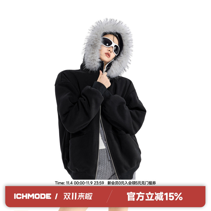 ICH MODE夹棉可拆卸毛领连帽棉服女美式复古百搭冬季保暖棉衣棉袄