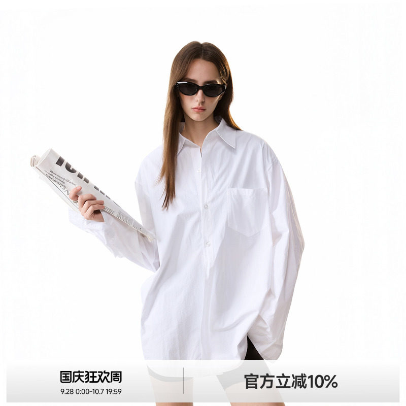 ICH MODE纯色宽松慵懒风休闲外套秋夏长袖美式复古百搭衬衫上衣女图片