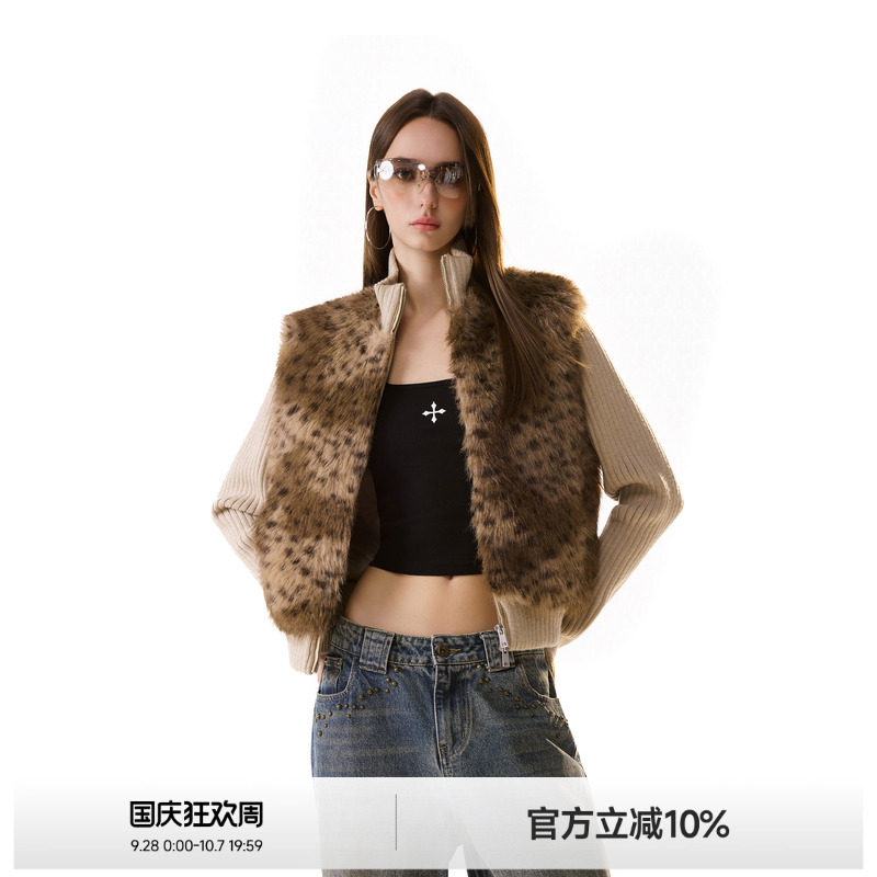 环保皮草针织拼毛短款棉服女图片