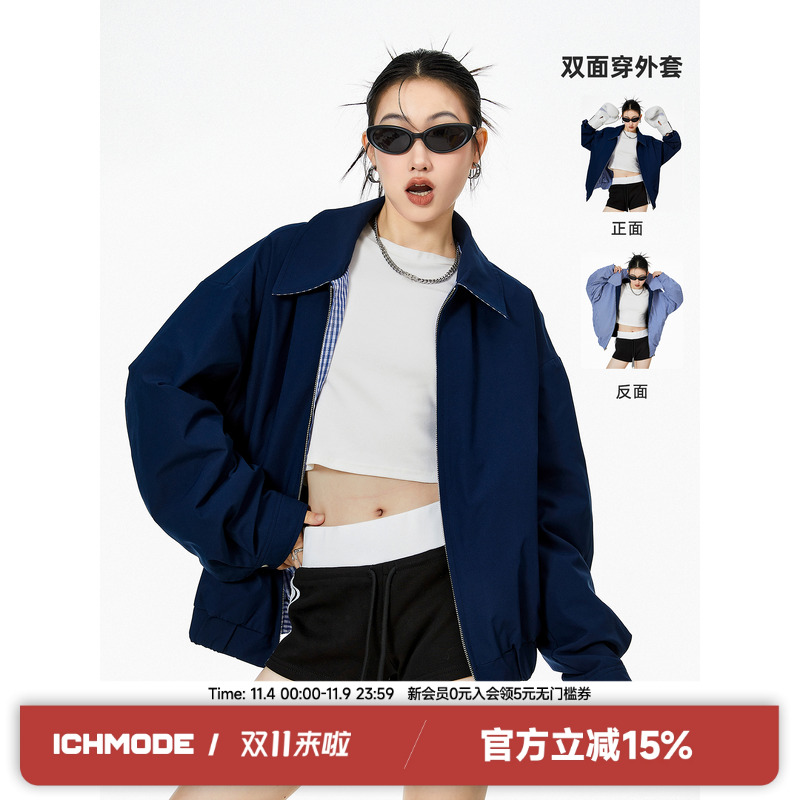 ICH MODE秋季美式复古双面穿外套夹克高街2025新品休闲设计感上衣