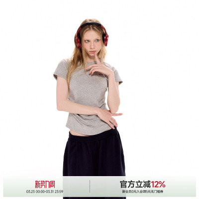 莫代尔褶皱收腰短袖T恤女