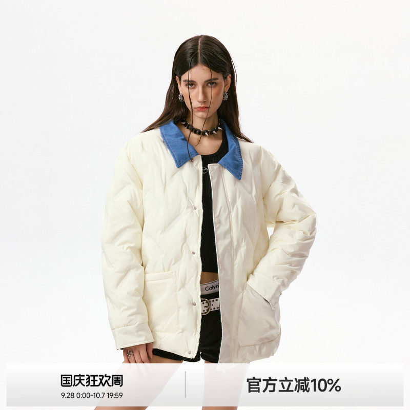 ICH MODE撞色翻领设计感菱形格外套女2026冬季百搭棉服棉衣上衣图片