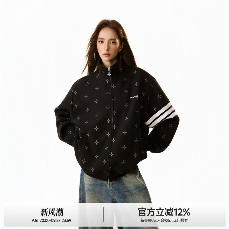 美式三条杠满印十字立领外套女图片