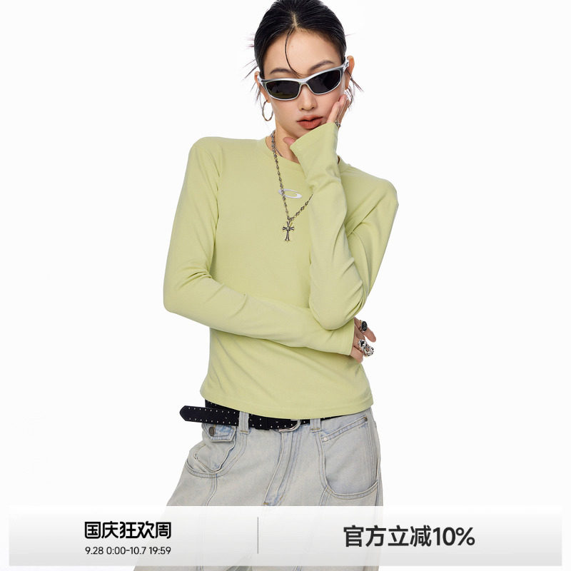 ICH MODE显瘦修身美式百搭复古长袖女秋季打底衫新款纯色T恤上衣图片