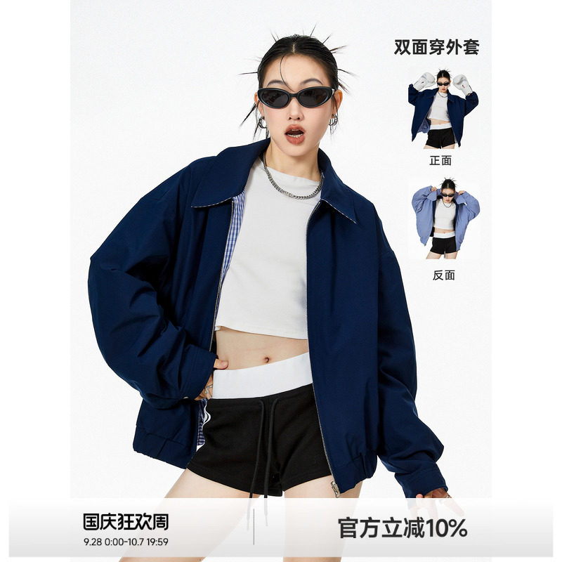 美式复古双面穿格子外套女图片