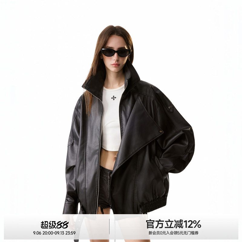 ICH MODE高级质感设计小众立领皮衣外套机车美式复古休闲夹克外套图片