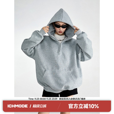 ICH MODE半拉链高街美式复古重磅连帽卫衣帽衫春季宽松休闲外套女