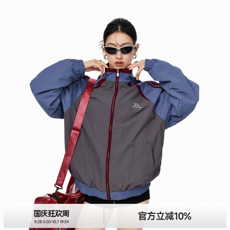 ICH MODE 条纹立领外套女秋冬百搭运动夹克美式复古宽松休闲上衣图片