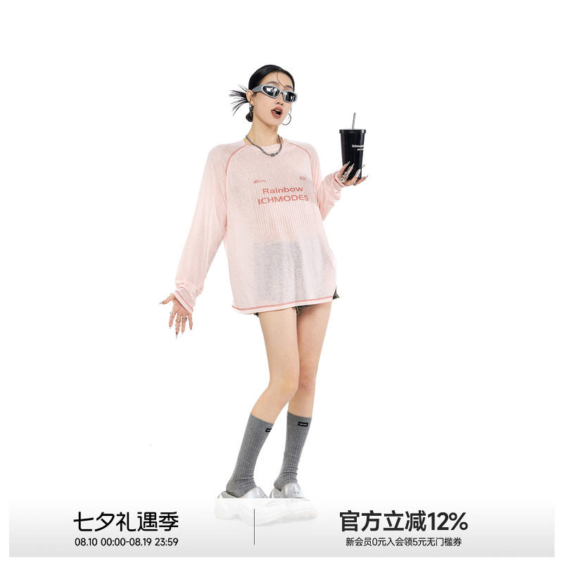 ICH MODE莱赛尔轻薄物理防晒粉色罩衫女长袖T恤哈苏线上衣夏季