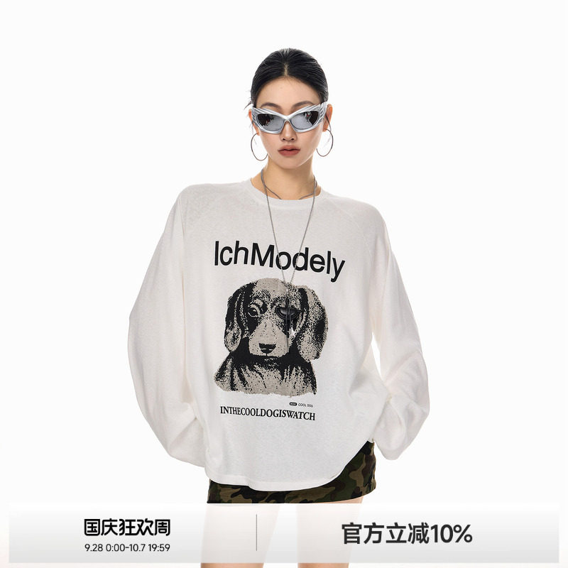 ICH MODE腊肠狗美式复古宽松圆领T恤上衣女秋冬设计百搭休闲长袖T图片