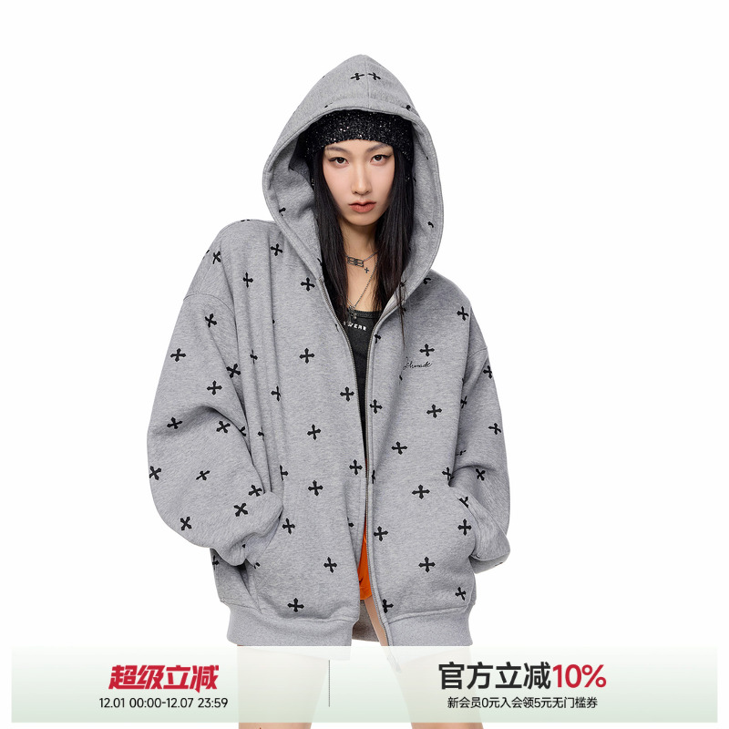 ICH MODE十字架满印哥特风美式复古外套连帽秋季新款高街卫衣开衫