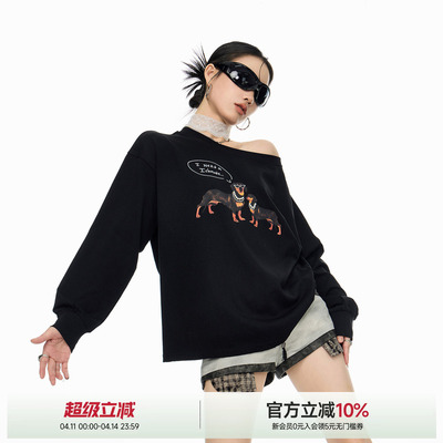 ICH MODE腊肠狗斜肩设计感复古长袖女露肩甜酷显瘦秋新品T恤上衣