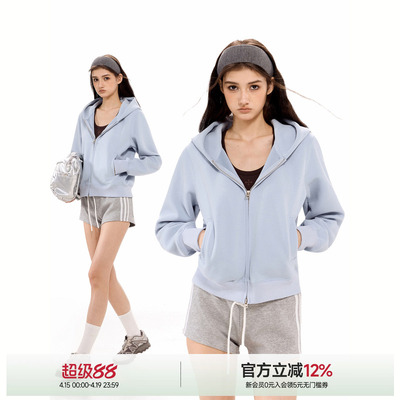 蓝色短款连帽外套女春
