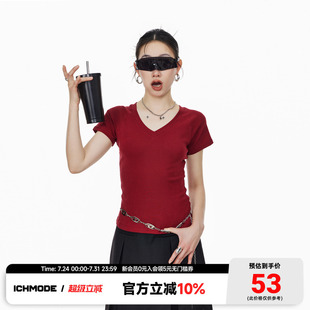 V領顯瘦短袖 ICH MODE修身 美式 打底上衣女 T恤百搭復古純色甜酷夏季