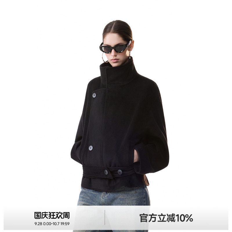 廊形立领短款毛呢大衣女图片