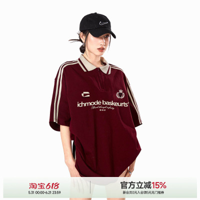 ICH MODE运动条纹polo领美式休闲夏季新款半袖上衣复古字母短袖女