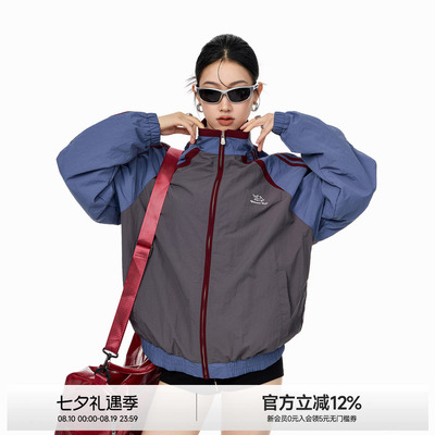 ICH MODE 条纹立领外套女秋冬百搭运动夹克美式复古宽松休闲上衣
