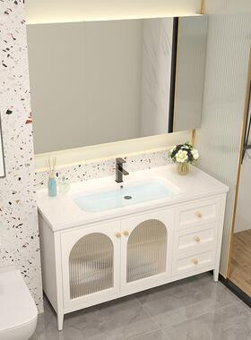 法式橡木落地浴室柜智能手镜洗漱洗池米奶70578白组色暖台调合柜