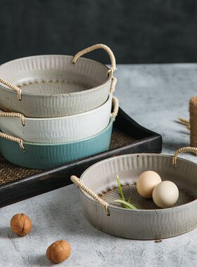 艺隆轩创意陶瓷餐具水果篮菜盘餐盘家用日式复古粗陶双绳手提菜篮