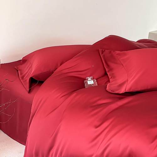 婚61266749庆冰丝四件套套酒红色滑夏天丝被床单结婚薄被罩款轻奢