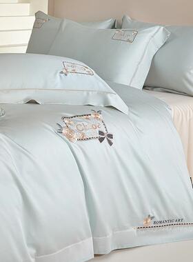 A类60长棉全棉支纯色刺绣四件套绒春夏床高端上用品加大000000床