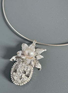 幸识银色花朵珍珠吊坠项链女可调节金属链子饰品