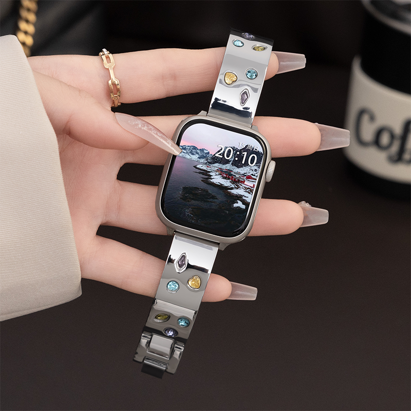 适用iwatchs10苹果手表表带applewatchS9代金属不锈钢S8/S7锆石镶嵌手镯款SE腕带Ultra2/1高级感个性创意女款