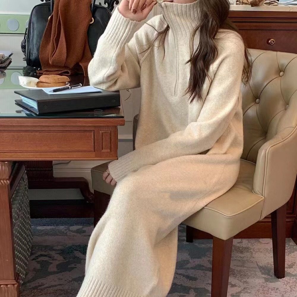 韩系纯色毛衣裙女秋冬新款慵懒针织半拉链高领长款过膝内搭连衣裙