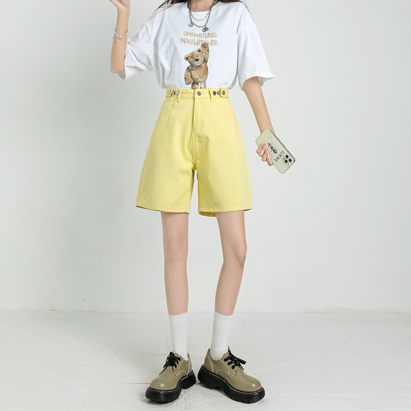 艾格洋气黄色水洗做旧牛仔裤女高腰显瘦宽松直筒五分阔腿裤子短裤