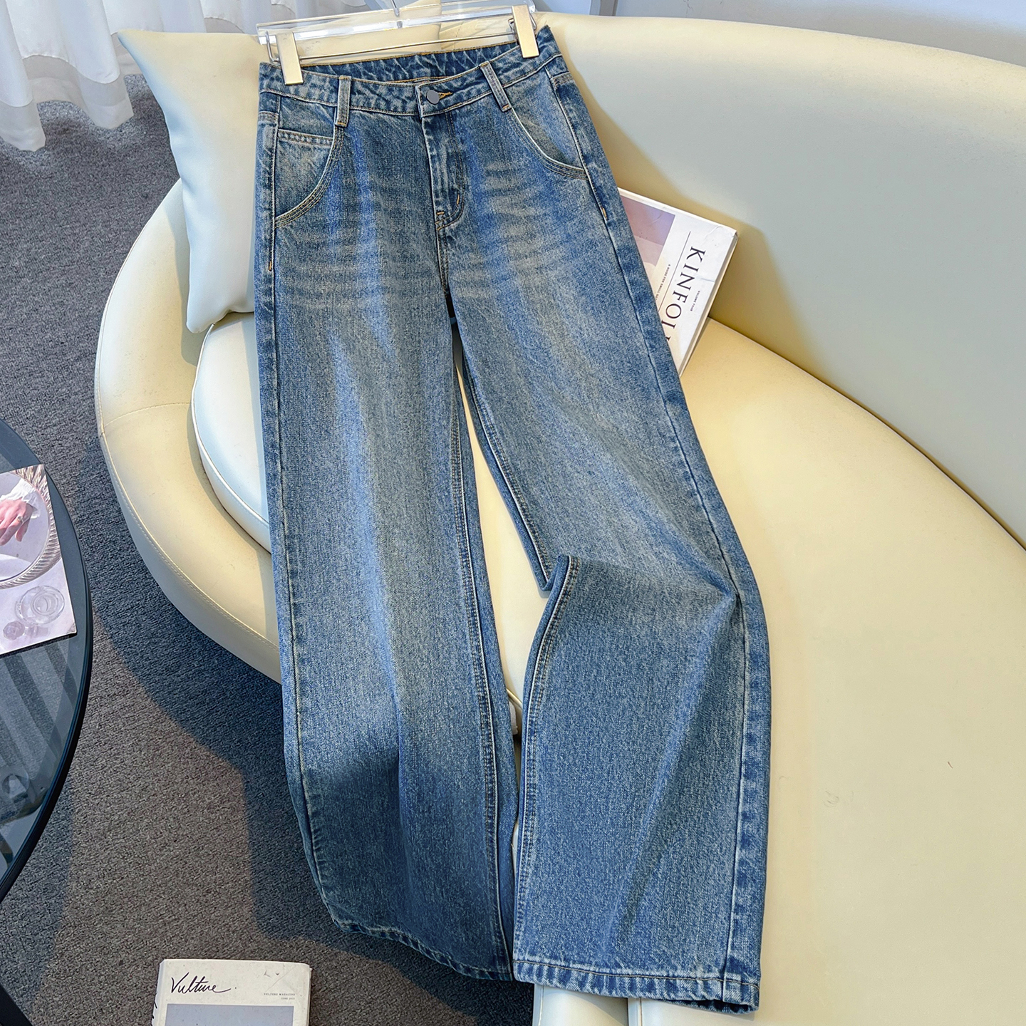 复古直筒微喇牛仔裤女2025新款宽松显瘦拖地裤直筒长裤休闲阔腿裤